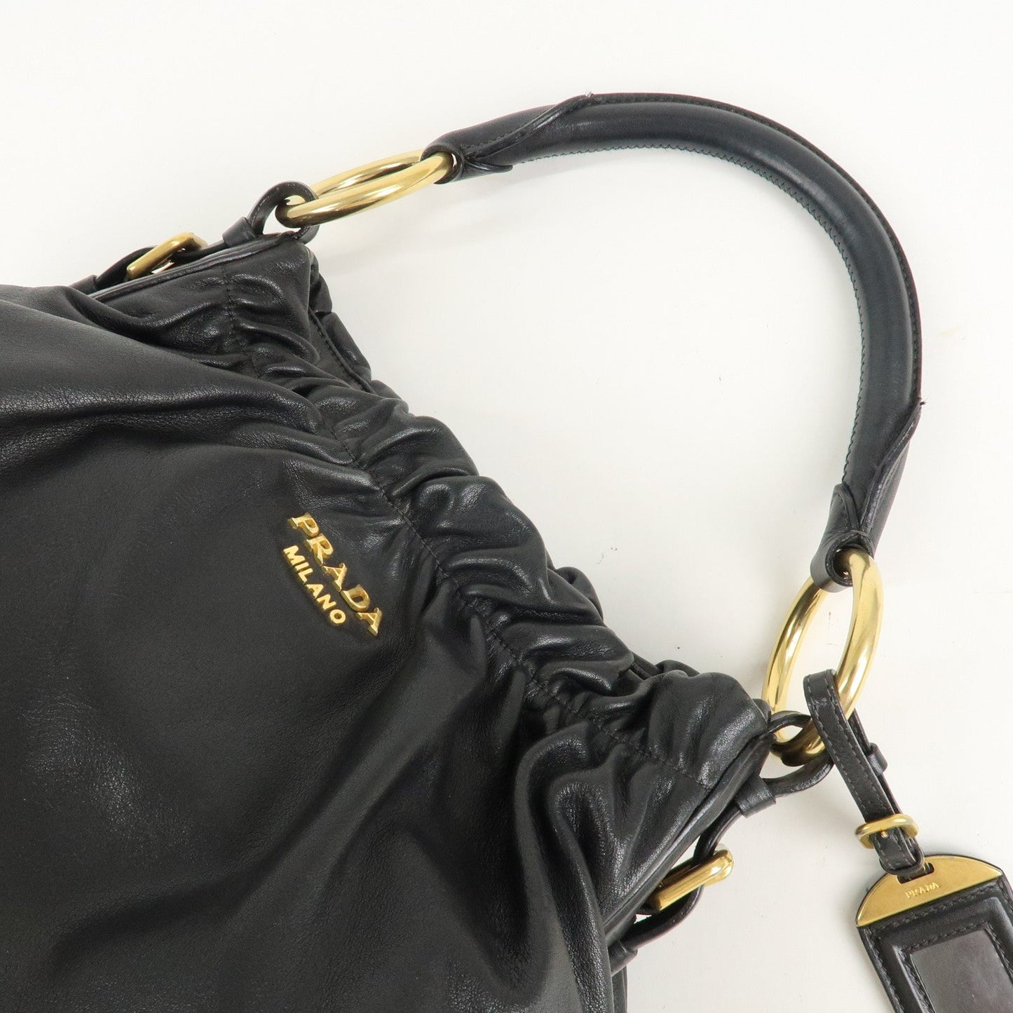 PRADA Leather Shoulder Bag Hand Bag Black Gold Hardware