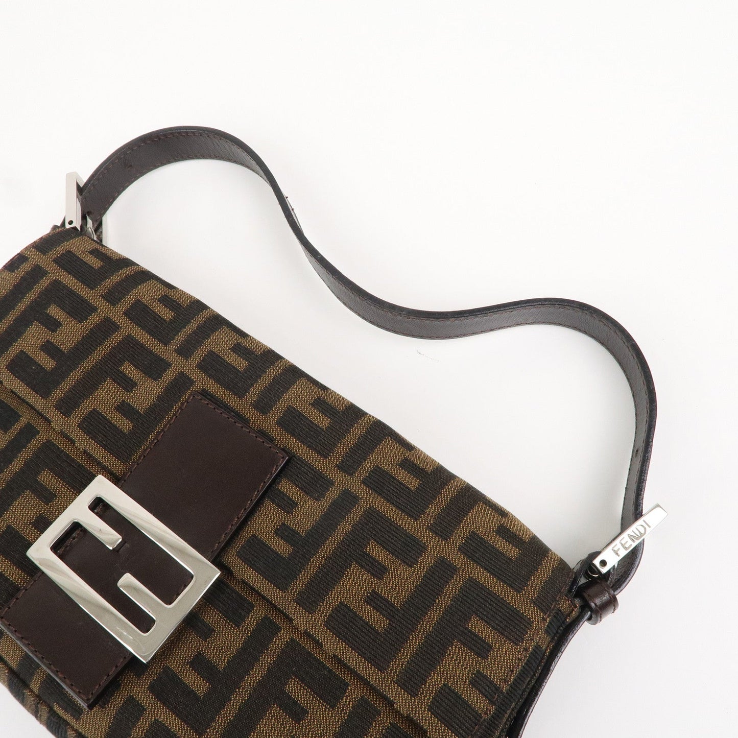 FENDI Mamma Baguette Canvas Leather Shoulder Bag Brown Black 26424