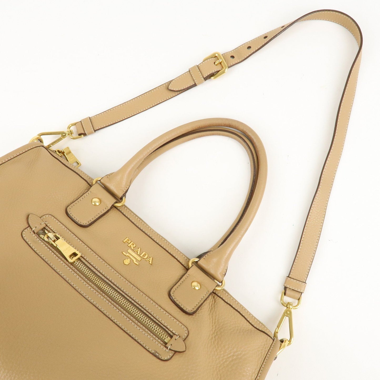 PRADA Logo Leather 2Way Bag Hand Bag Shoulder Bag Beige