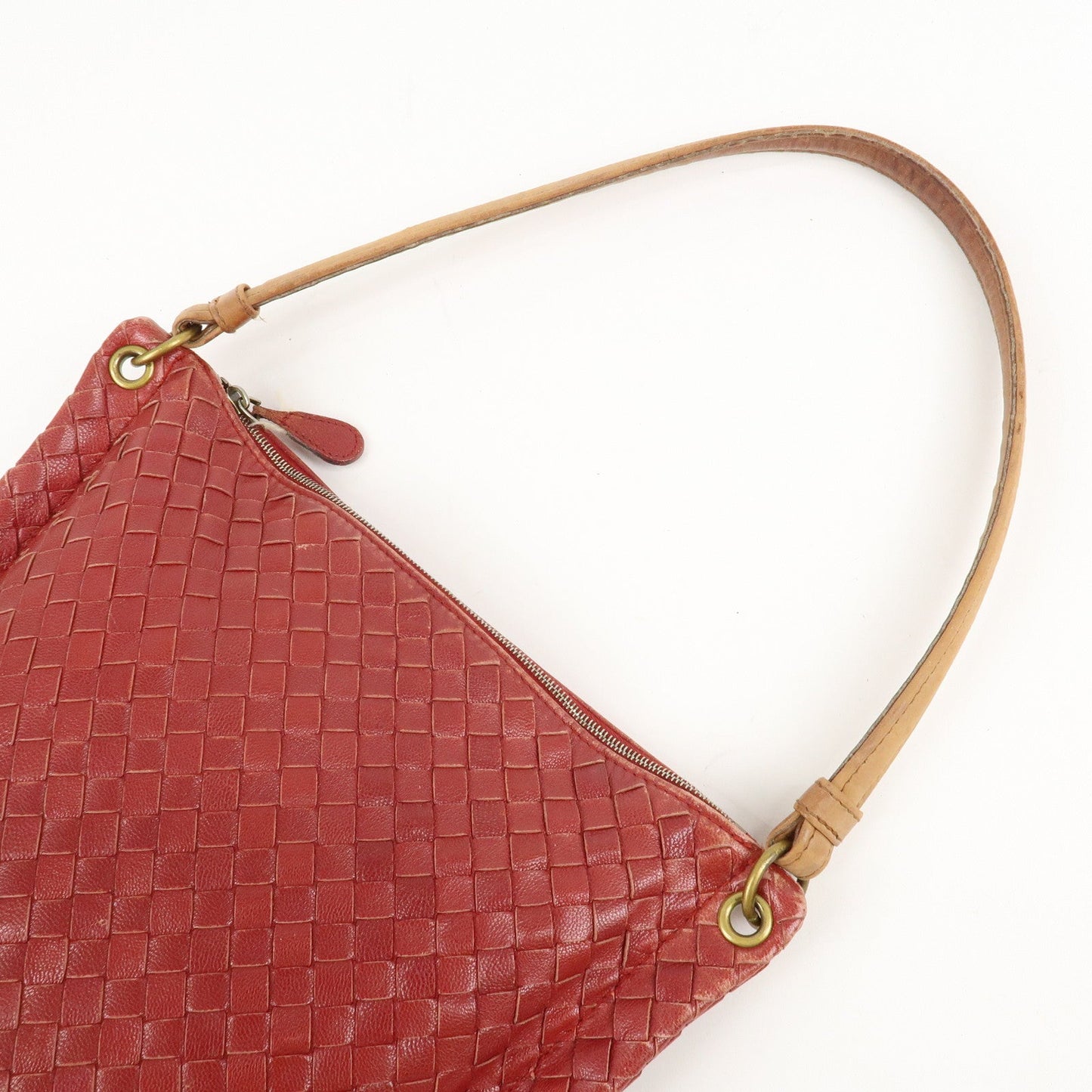 BOTTEGA VENETA Intrecciato Leather Shoulder Bag Red Beige 210236