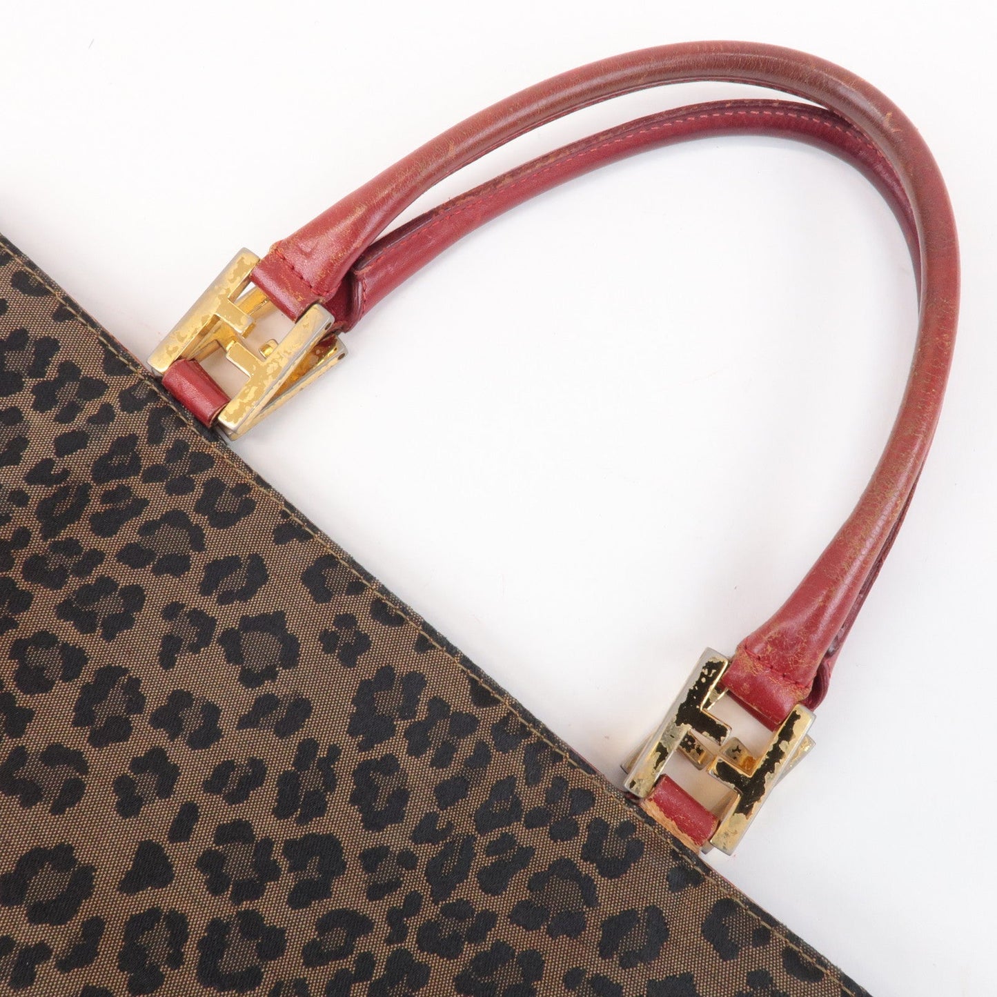 FENDI Canvas Leather Leopard Tote Bag Hand Bag Brown Red