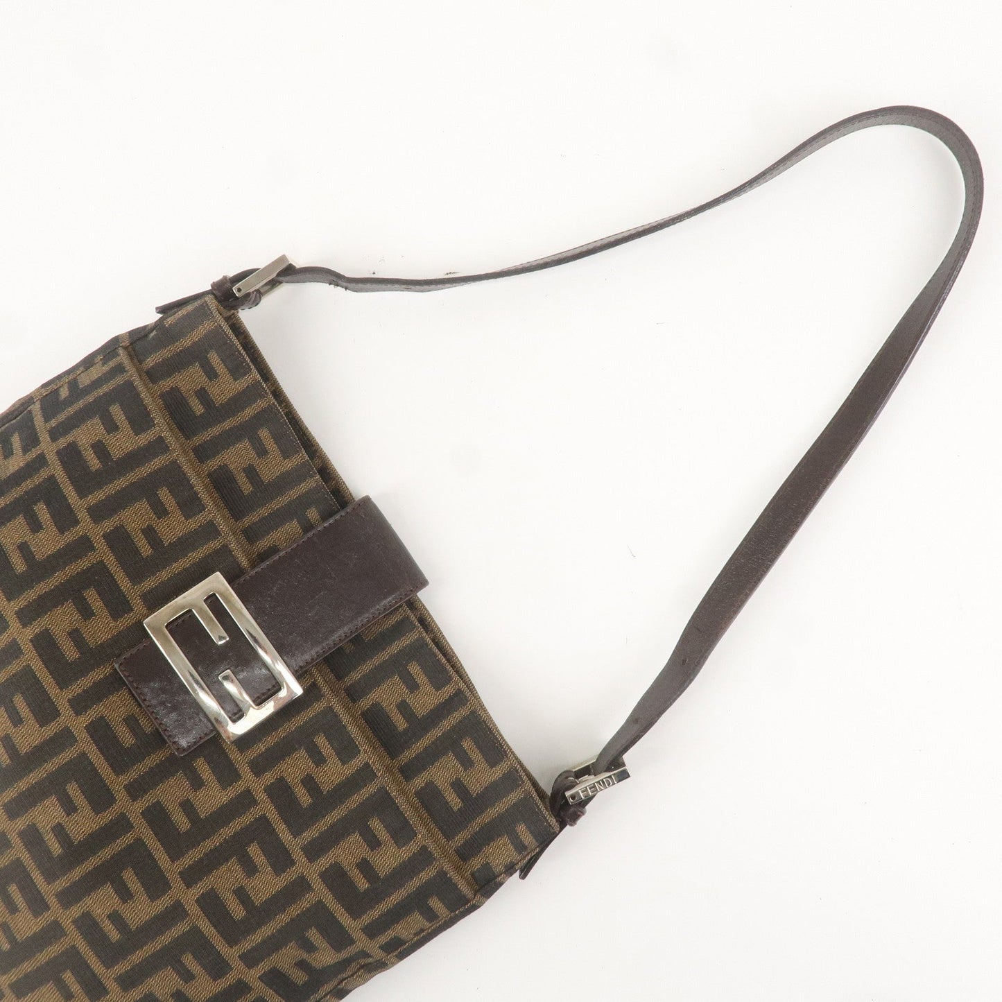 FENDI Zucca Canvas Leather Shoulder Bag Brown Black 26727