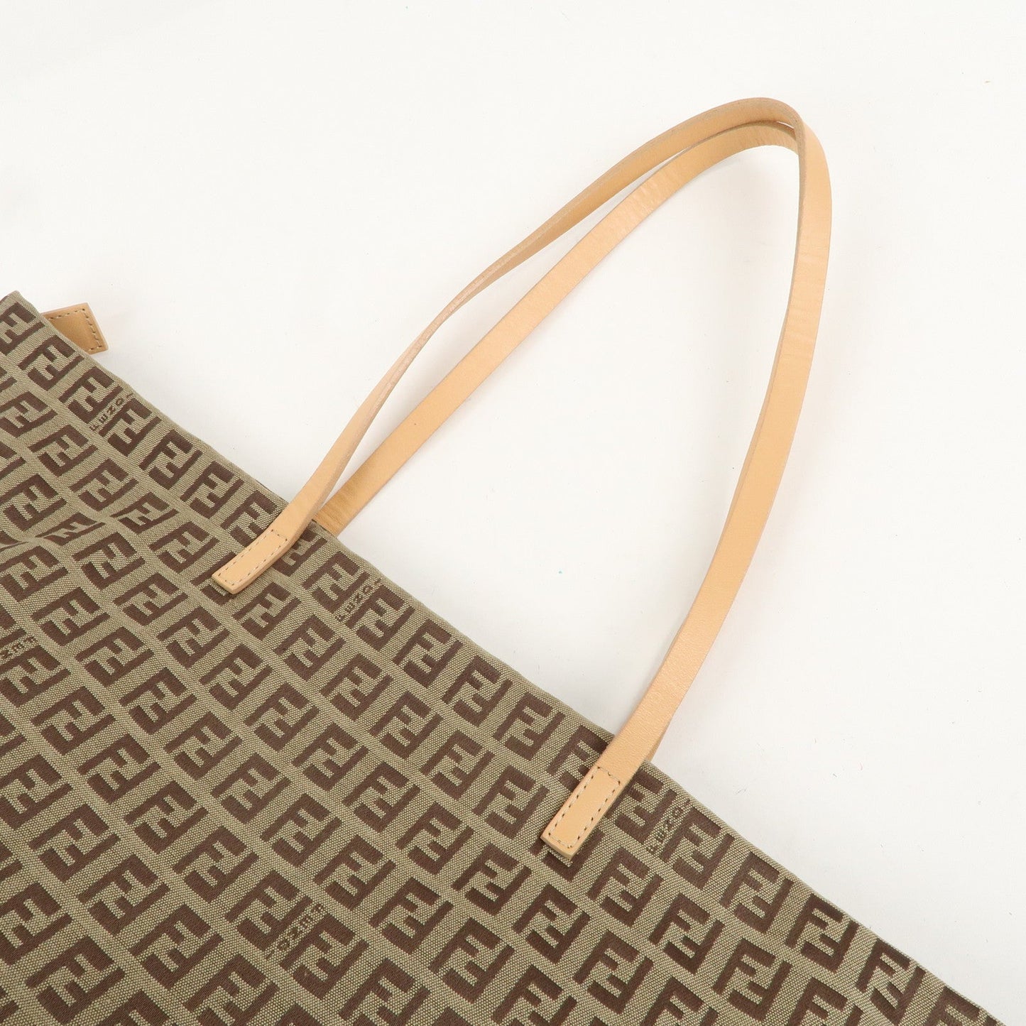 FENDI Zucchino Canvas Leather Tote Bag Beige Brown