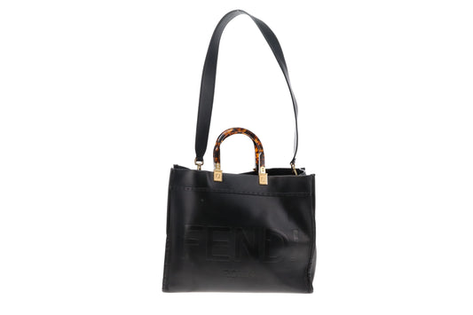 Fendi Black Calfskin Medium Sunshine Tote with Strap