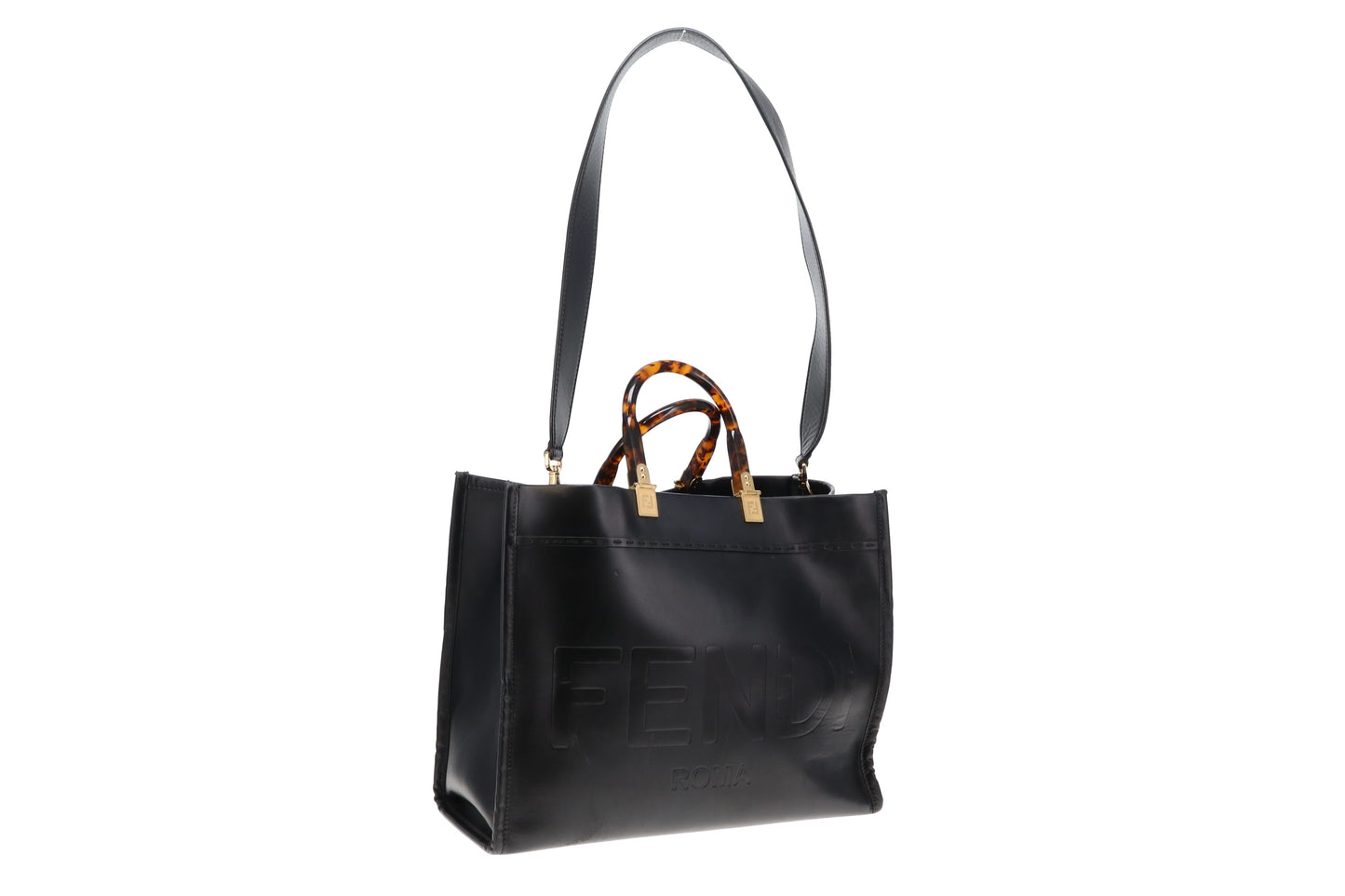 Fendi Black Calfskin Medium Sunshine Tote with Strap