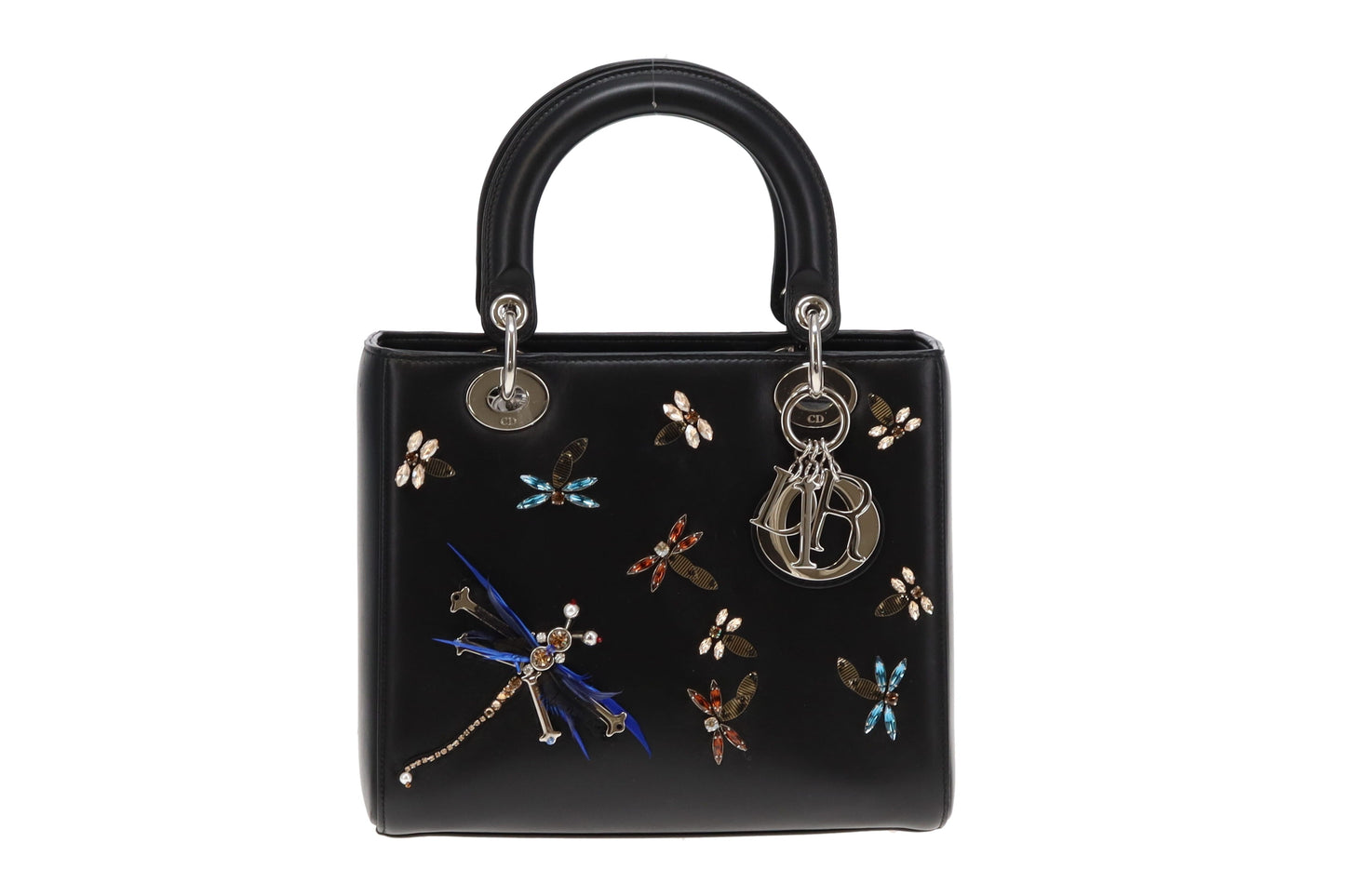 Dior Black Smooth Leather Dragonfly Embellished Medium Lady Dior 2016