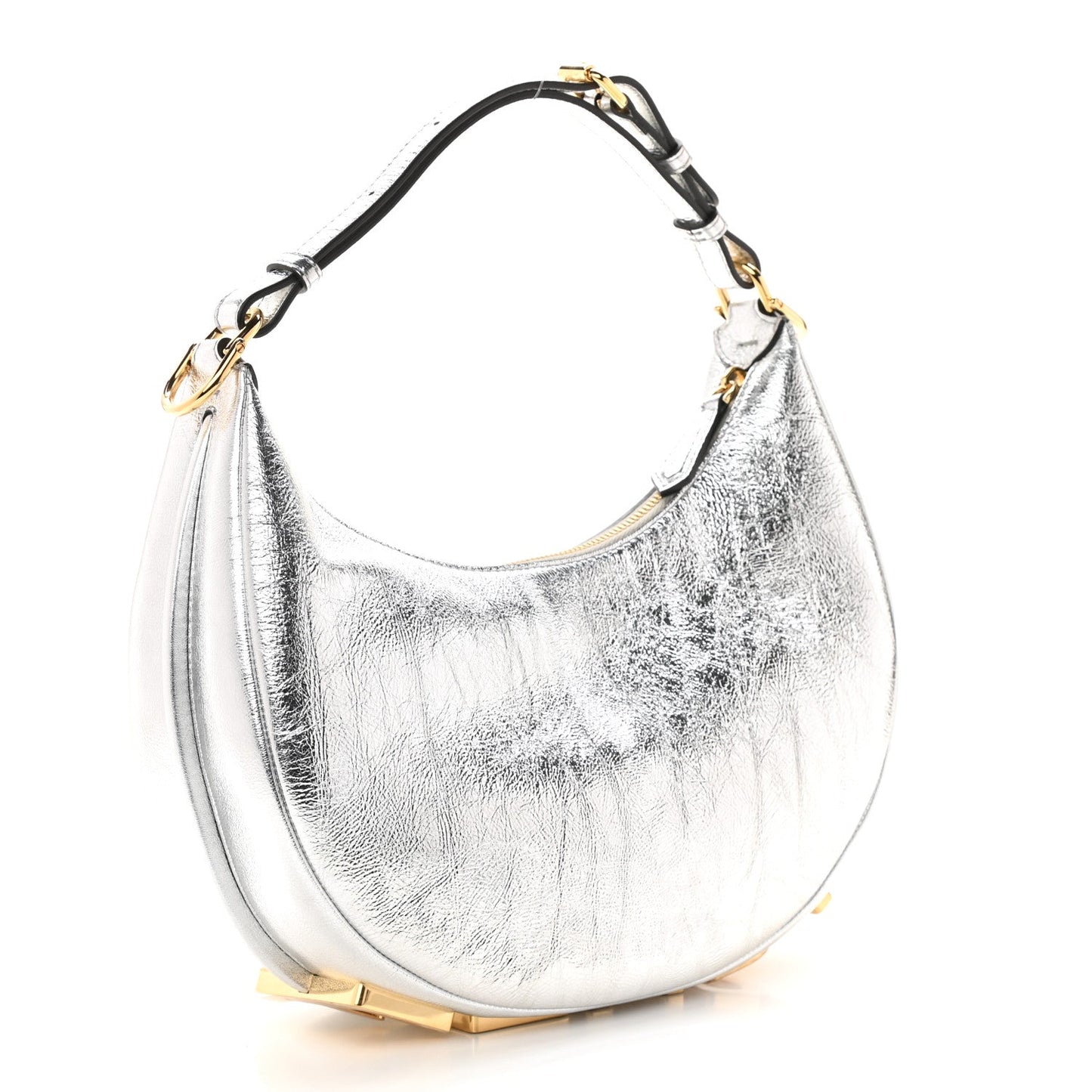 FENDI Laminated Craquele Lambskin Small Fendigraphy Hobo Bag Argento