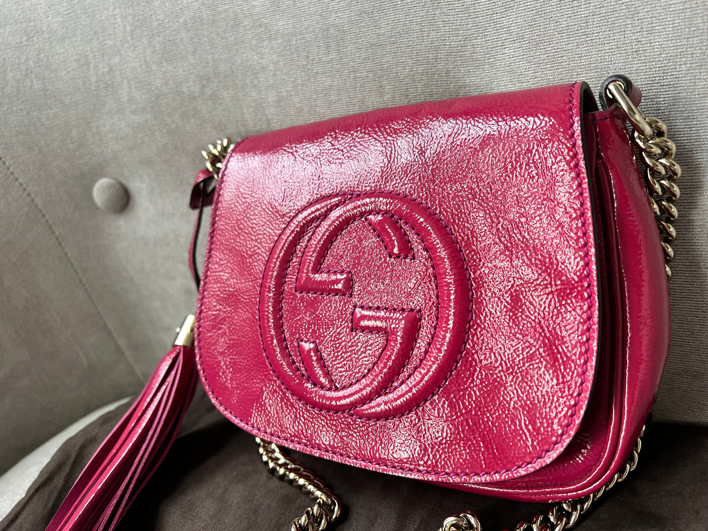 Gucci Pink Patent Mini Soho Chain Crossbody Flap Bag