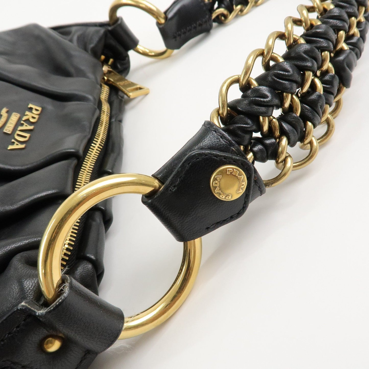 PRADA Leather Chain One-Shoulder Bag Black Gold Hardware