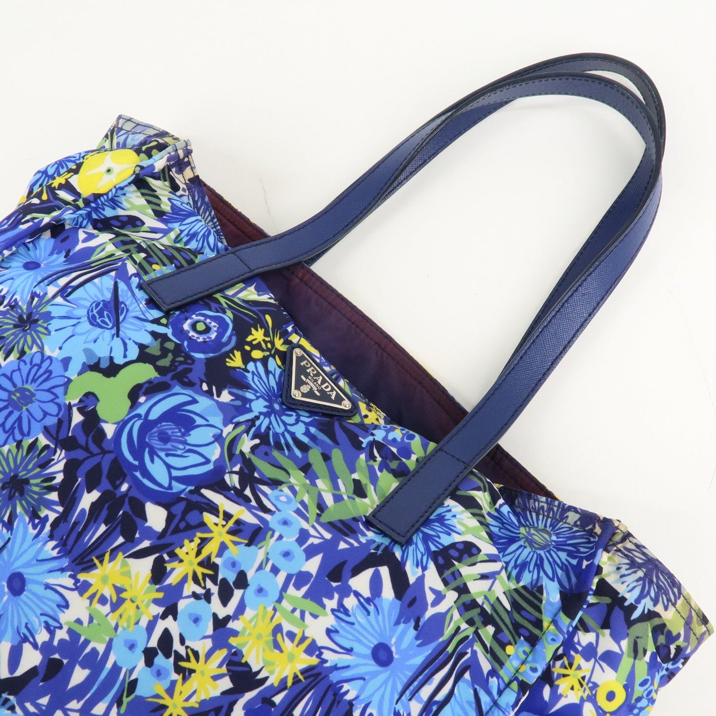 PRADA Logo Nylon Leather Tote Bag Floral Print Blue BN2851