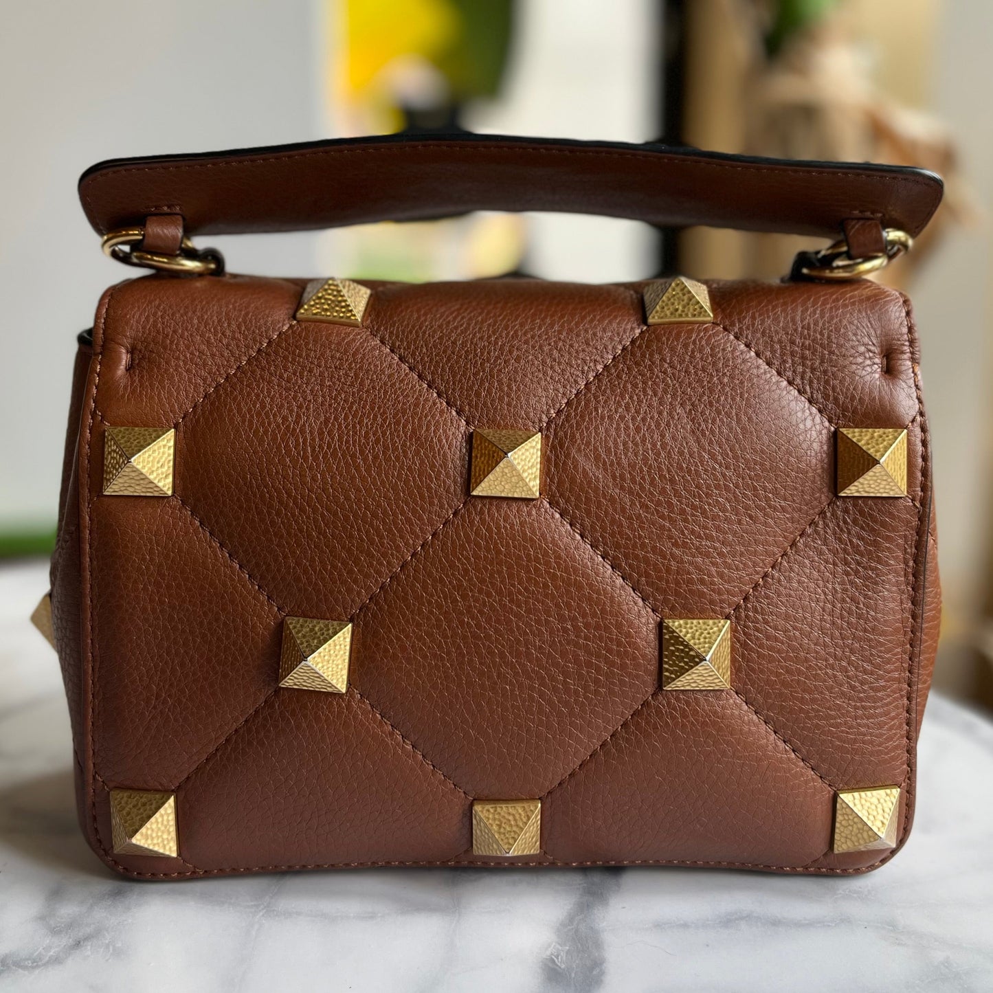 VALENTINO Brown Leather Roman Stud Medium Shoulder Bag