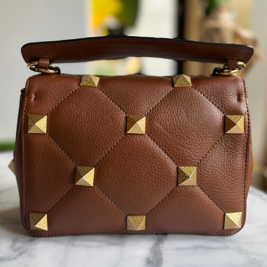 VALENTINO Brown Leather Roman Stud Medium Shoulder Bag