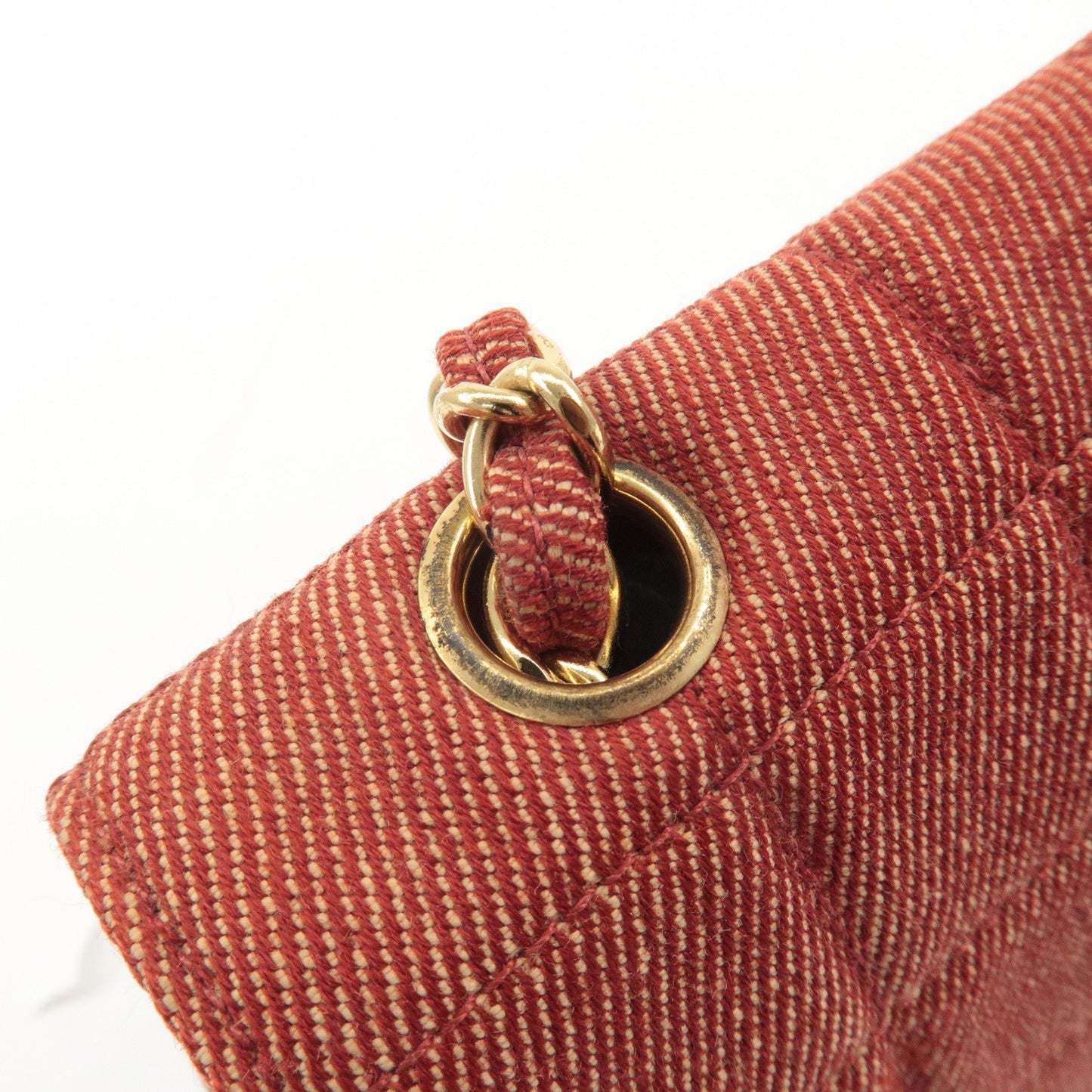 CHANEL Chocolate Bar Canvas Chain Shoulder Bag Red Gold