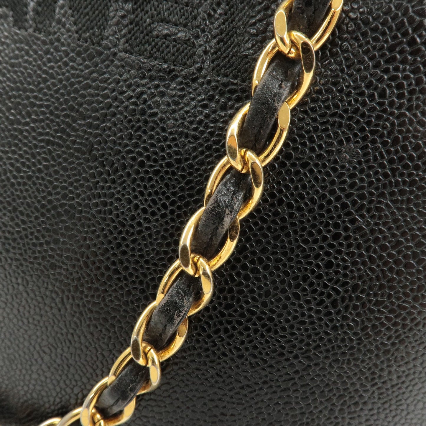 CHANEL Caviar Skin Chain Tote Bag Black Gold