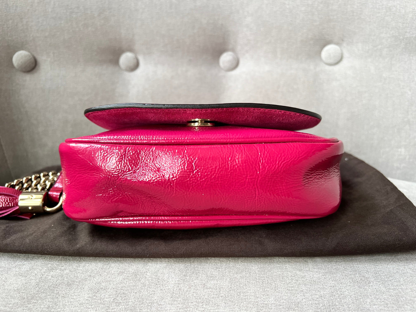 Gucci Pink Patent Mini Soho Chain Crossbody Flap Bag