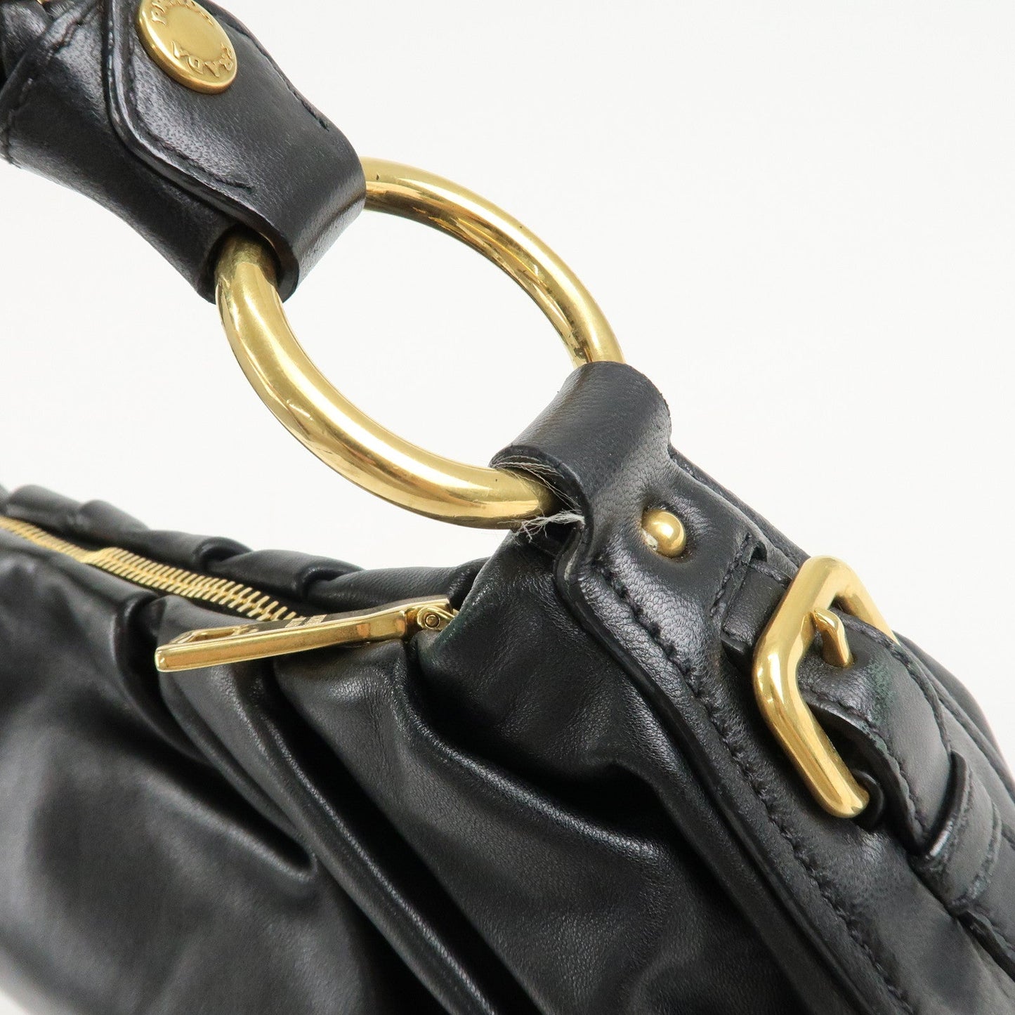 PRADA Leather Chain One-Shoulder Bag Black Gold Hardware