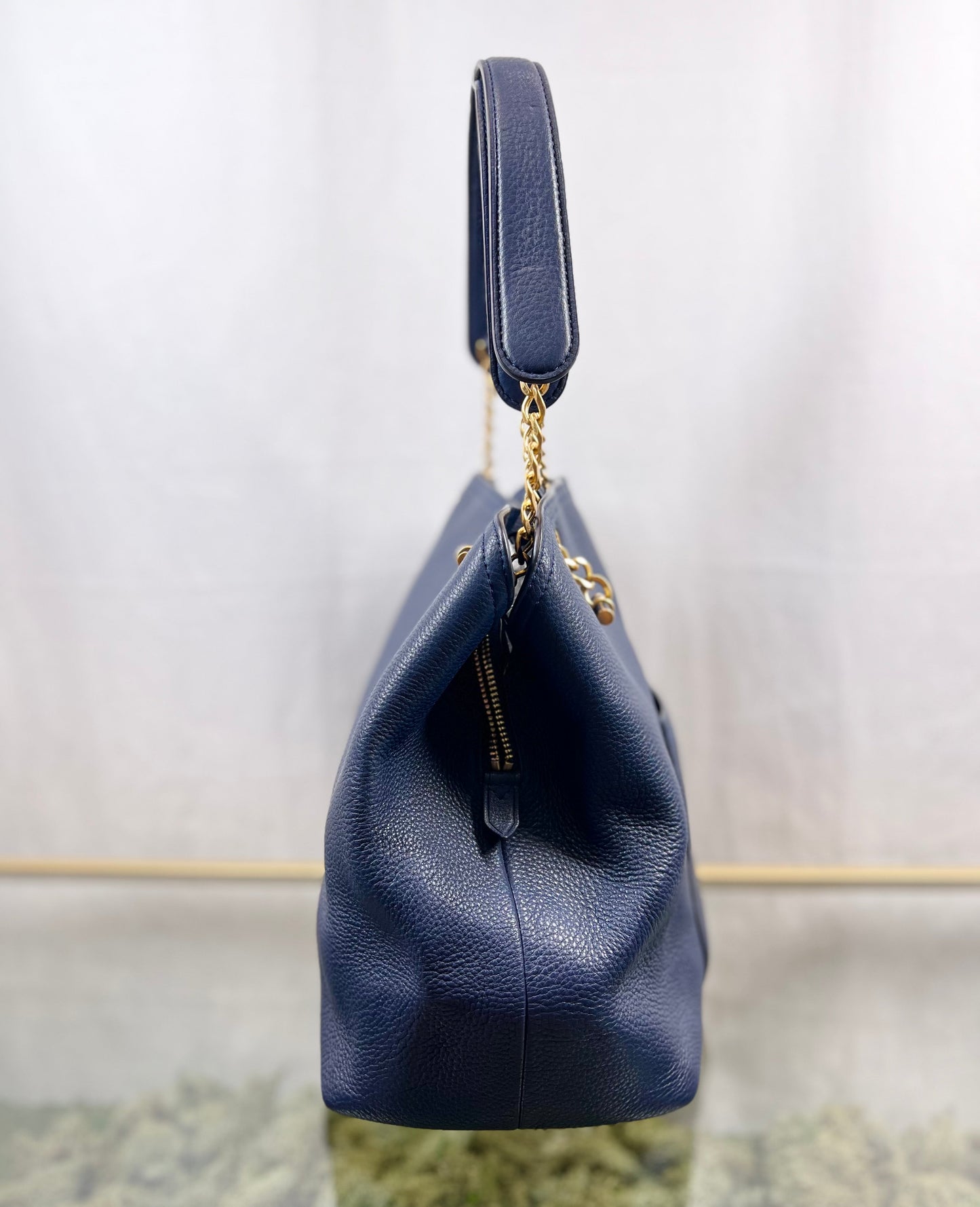 TORY BURCH Chelsea Slouchy Navy Blue Pebbled Leather Tote Bag