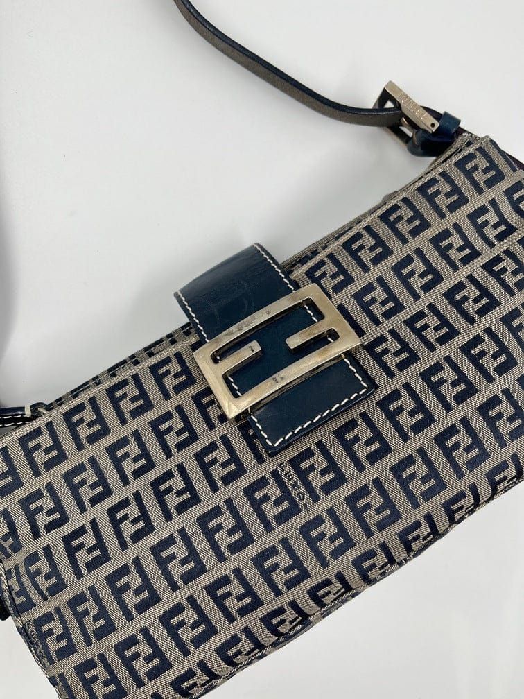 Vintage Fendi Shoulder Bag Beige / Navy Zucca Canvas