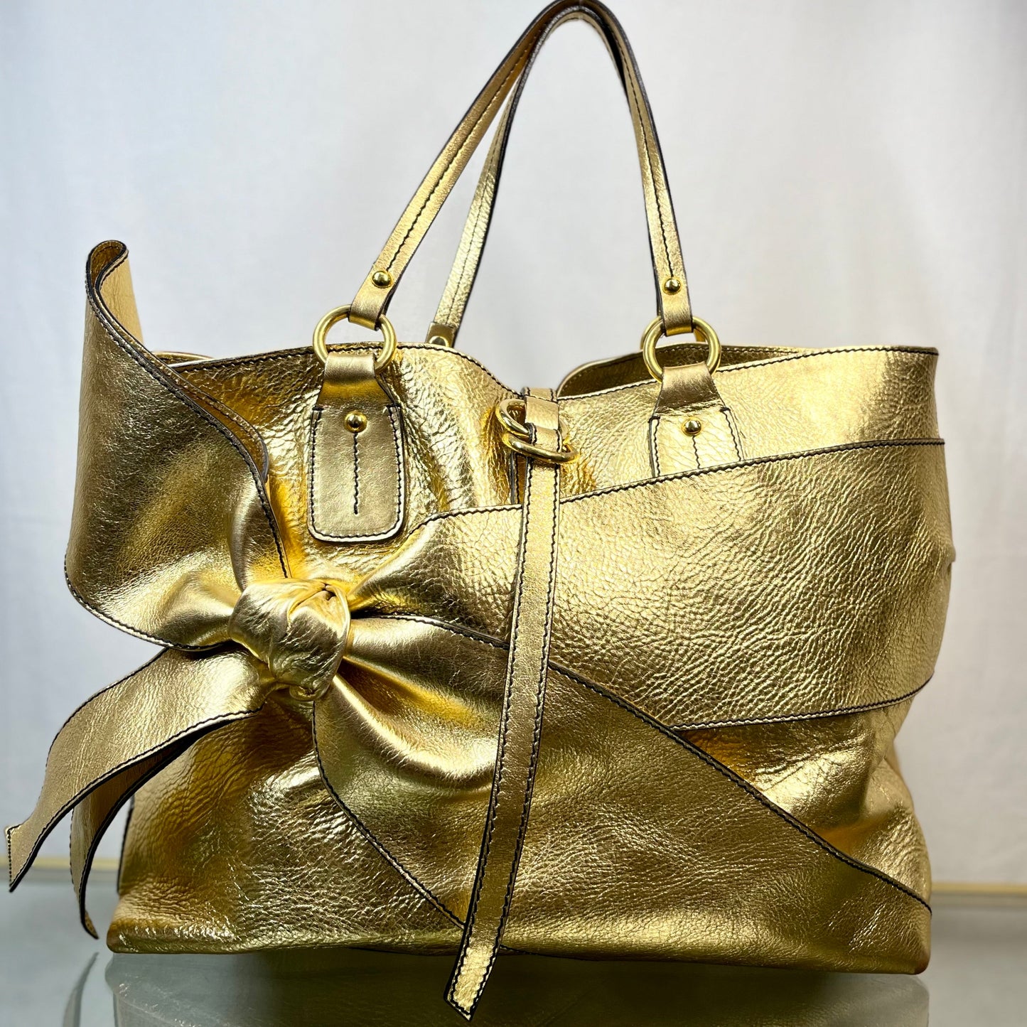 VALENTINO Metallic Gold Leather Bow Shopper Tote Bag