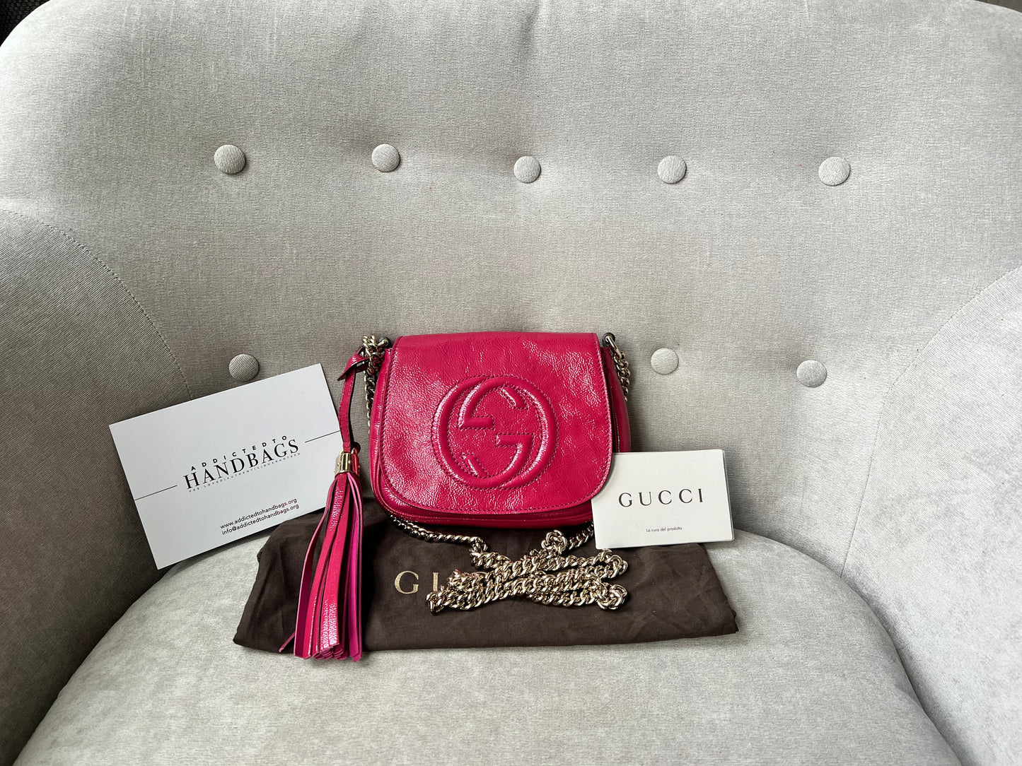 Gucci Pink Patent Mini Soho Chain Crossbody Flap Bag