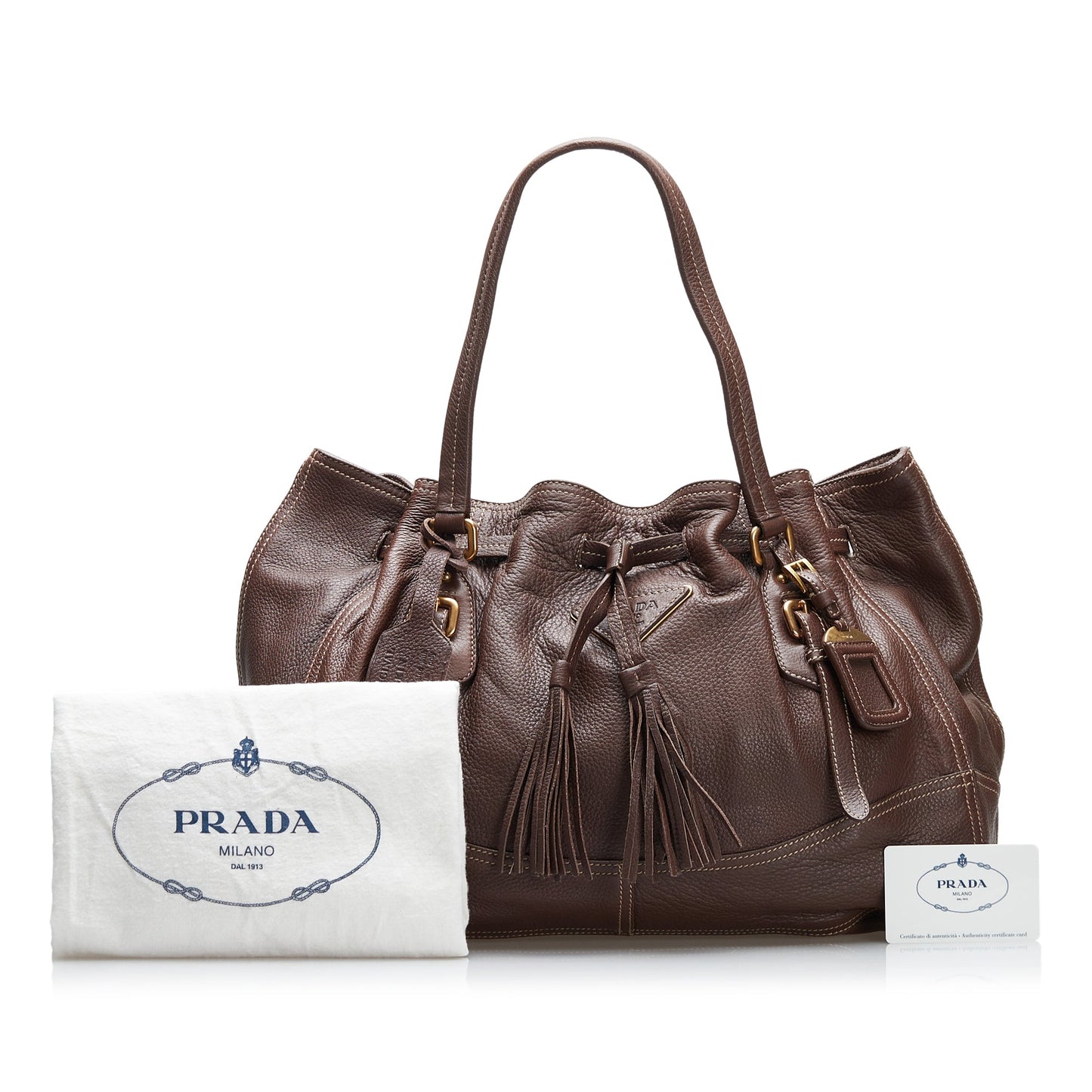 Brown Prada Cervo Drawstring Leather Tote