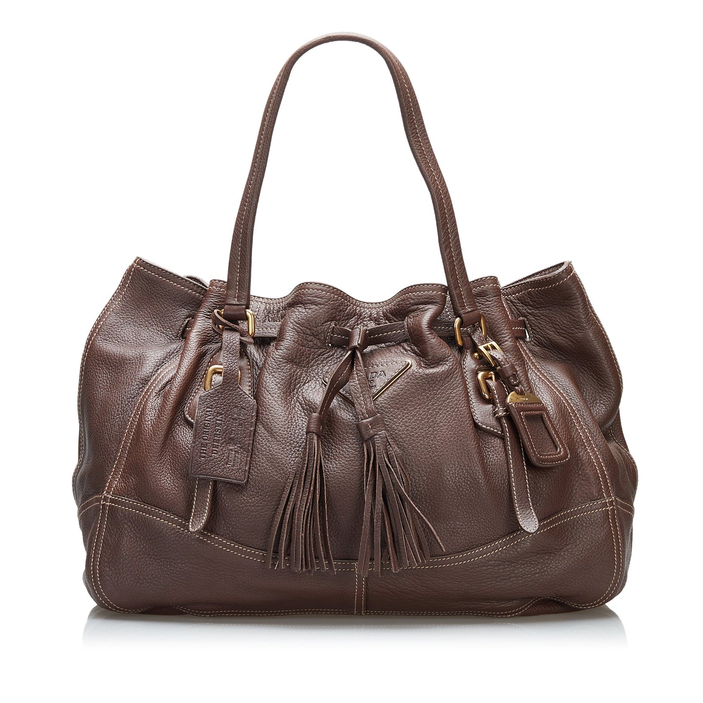 Brown Prada Cervo Drawstring Leather Tote