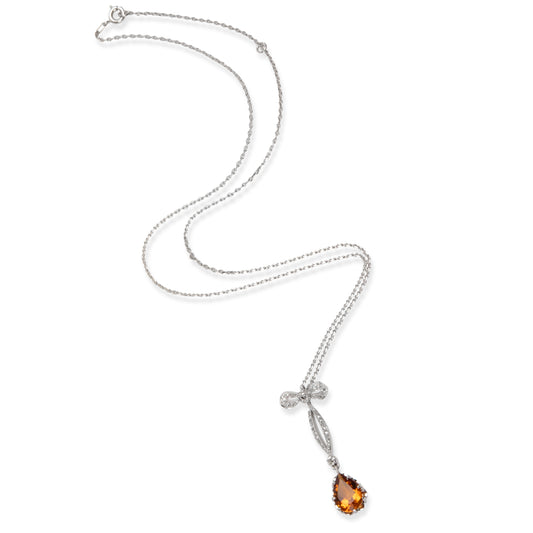 Vintage Citrine & Diamond Necklace in 15K Platinum/White Gold 0.10 CTW