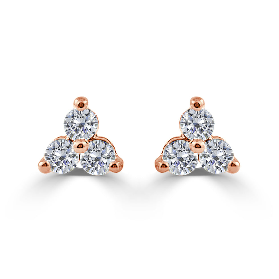 14k Rose Gold 1/4 Ctw Trio Diamond Stud Earrings