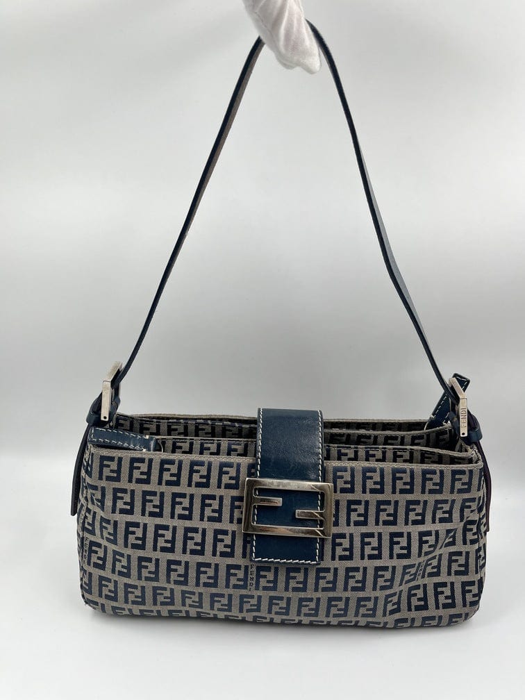 Vintage Fendi Shoulder Bag Beige / Navy Zucca Canvas