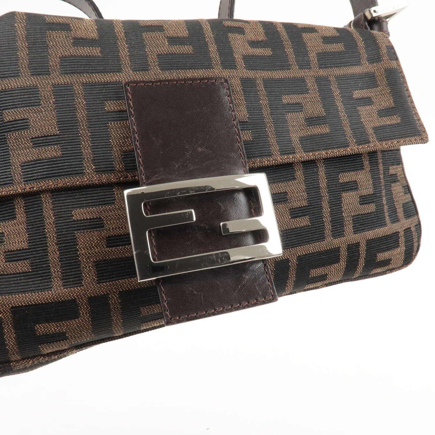 FENDI Zucca Mamma Baguette Canvas Leather Shoulder Bag Brown 26424