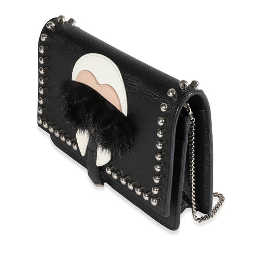 Black Vitello Elite & Mink Studded Karlito Chain Wallet