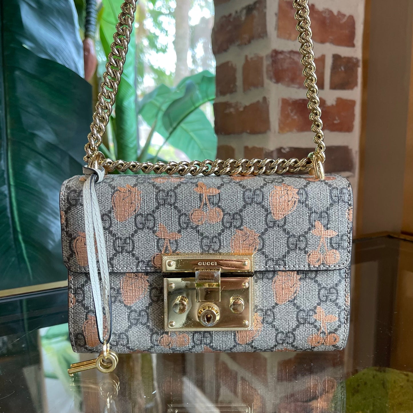 GUCCI Strawberry & Cherry GG Web Padlock Beige Crossbody