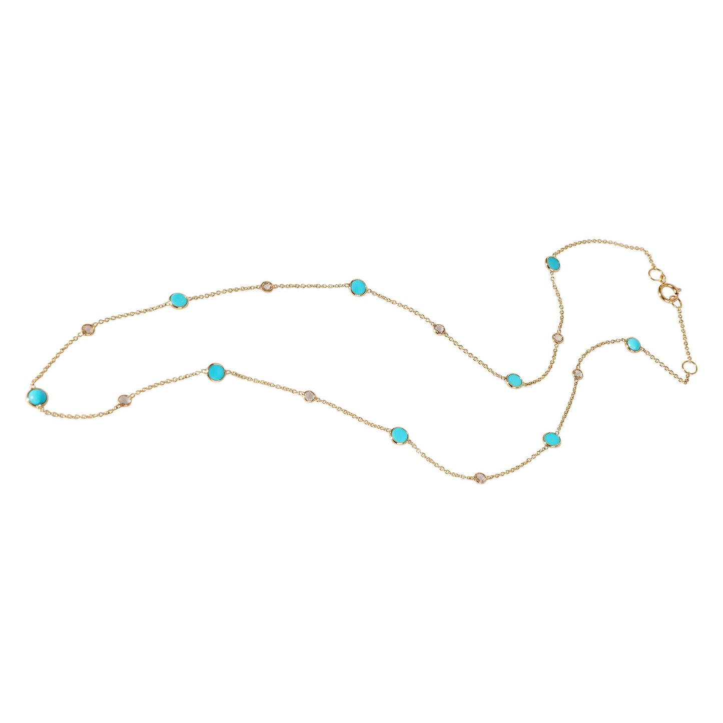 Turquoise &. Rose Cut Diamond Station Necklace, 18k Yellow Gold 0.09 CTW