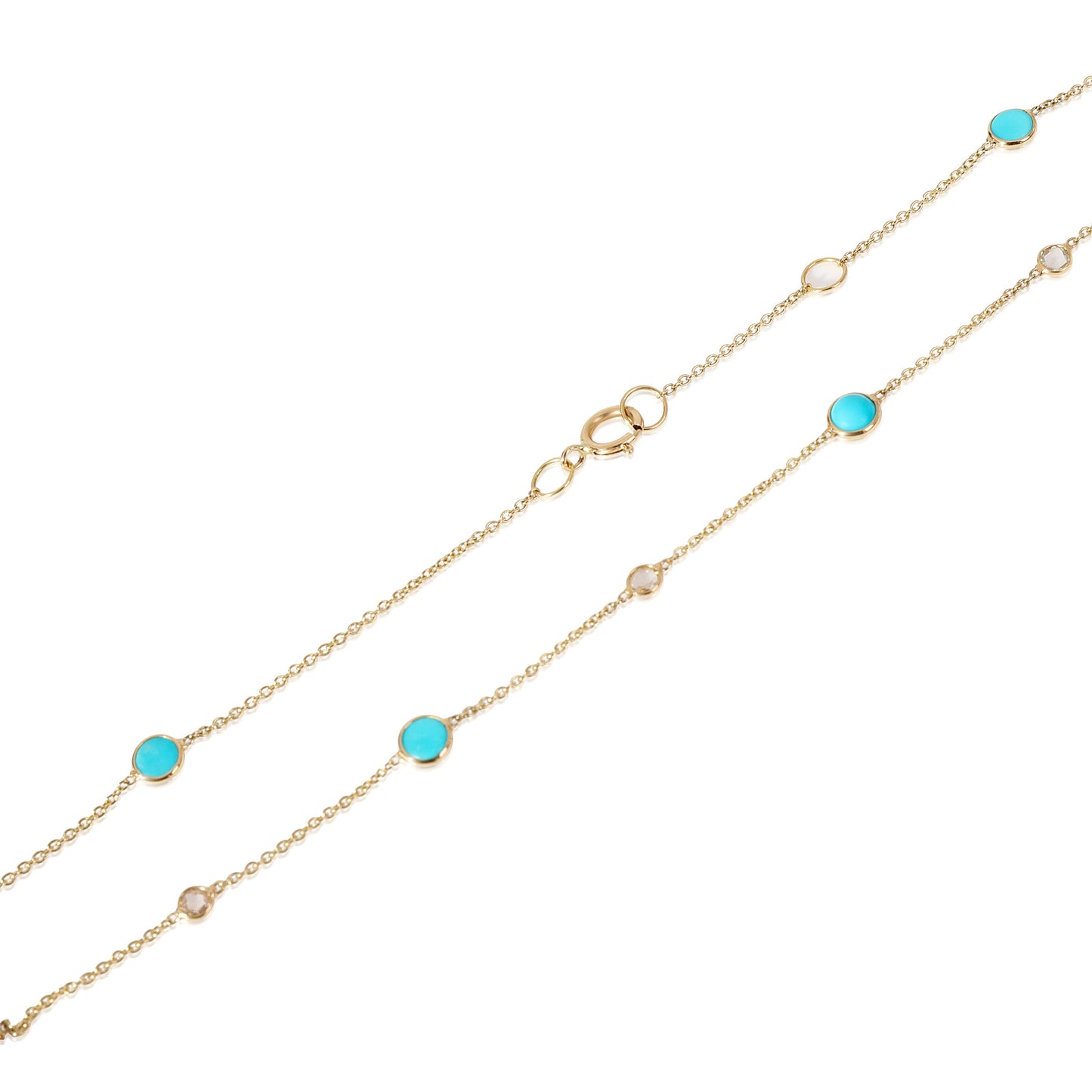 Turquoise &. Rose Cut Diamond Station Necklace, 18k Yellow Gold 0.09 CTW