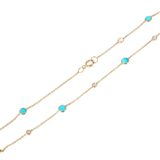 Turquoise &. Rose Cut Diamond Station Necklace, 18k Yellow Gold 0.09 CTW