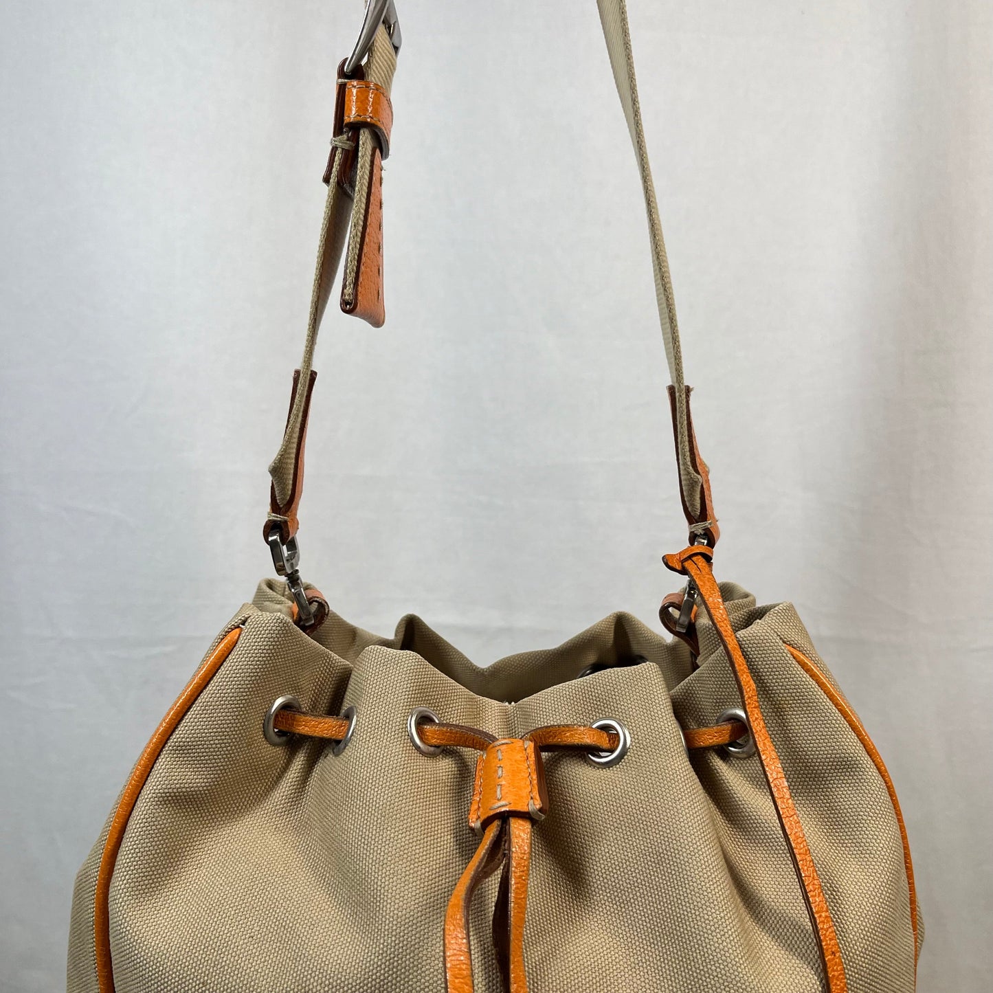 PRADA Leather & Canvas Drawstring Orange Bucket Bag TS3776