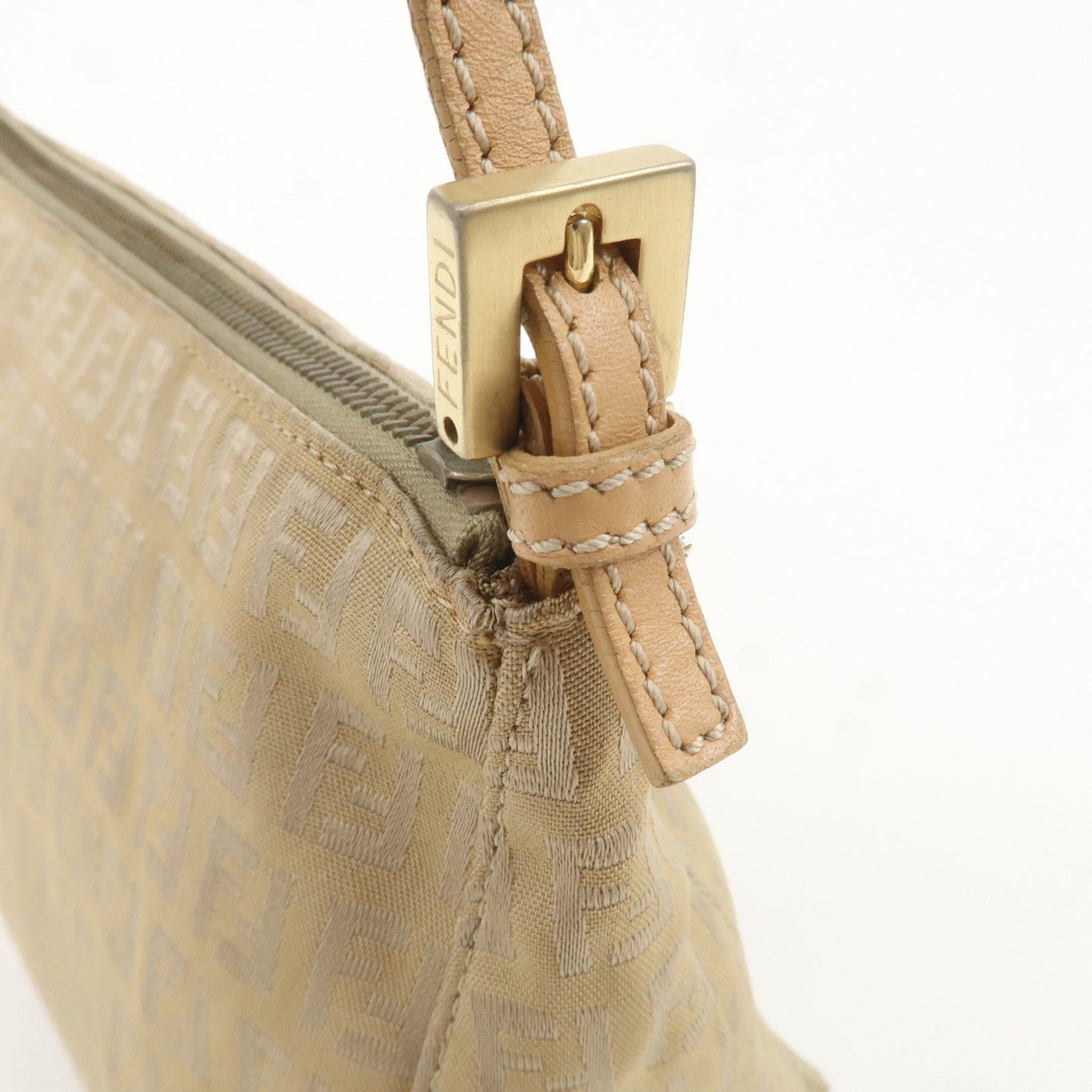 FENDI Zucchino Canvas Leather Shoulder Bag Beige