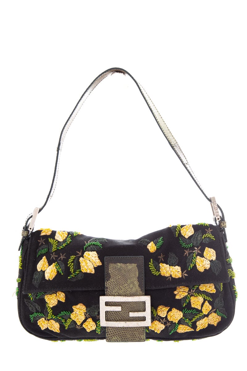 Fendi Black & Multi Beaded Floral Applique Baguette