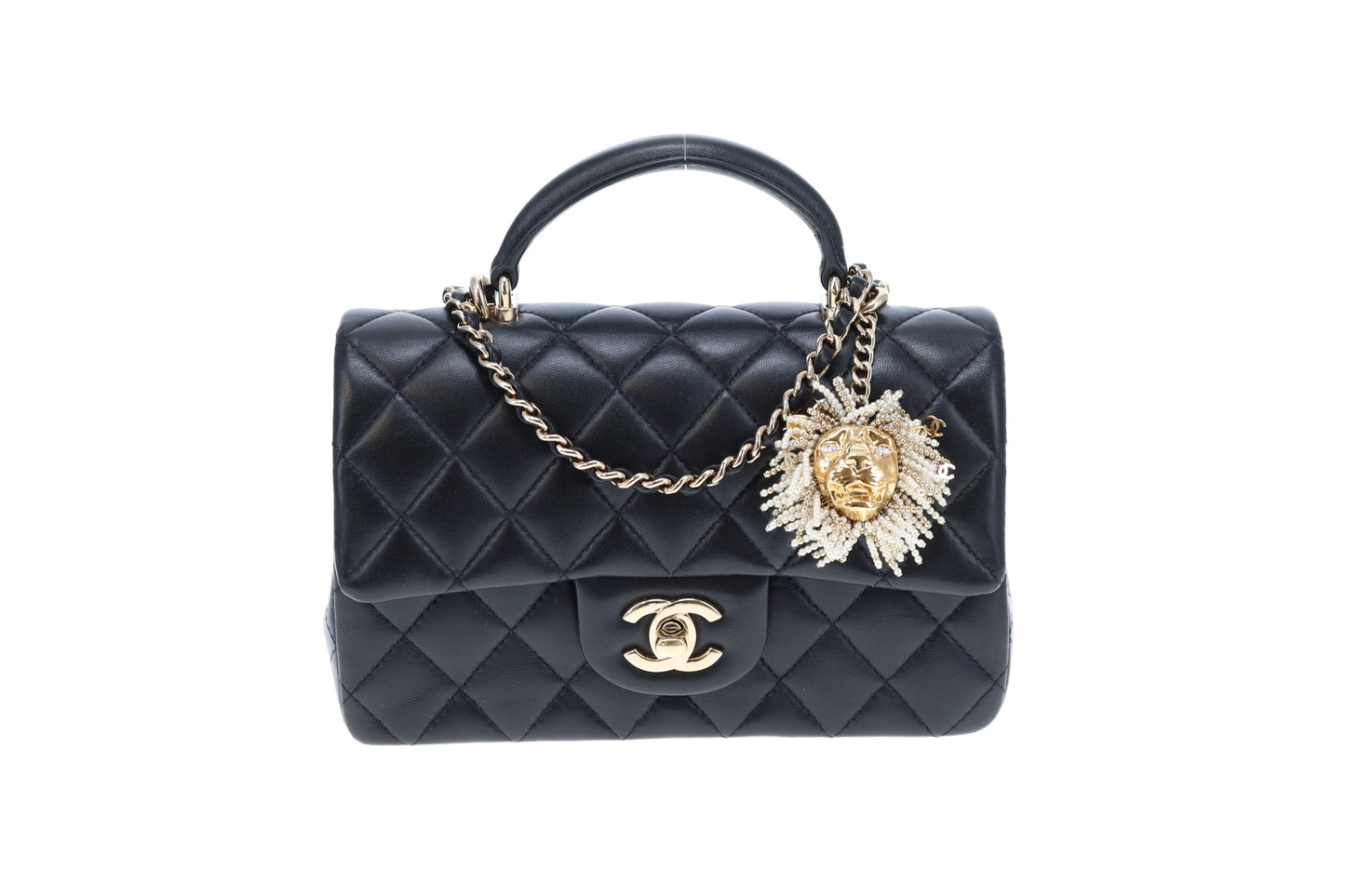 Chanel Top Handle Mini Black Lambskin With Lion Head Charm