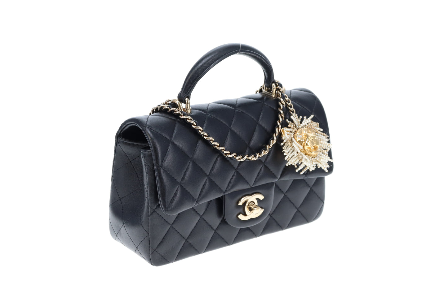 Chanel Top Handle Mini Black Lambskin With Lion Head Charm