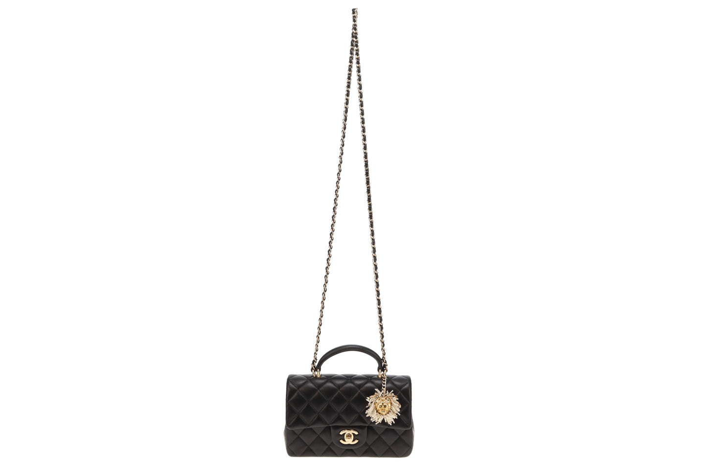 Chanel Top Handle Mini Black Lambskin With Lion Head Charm