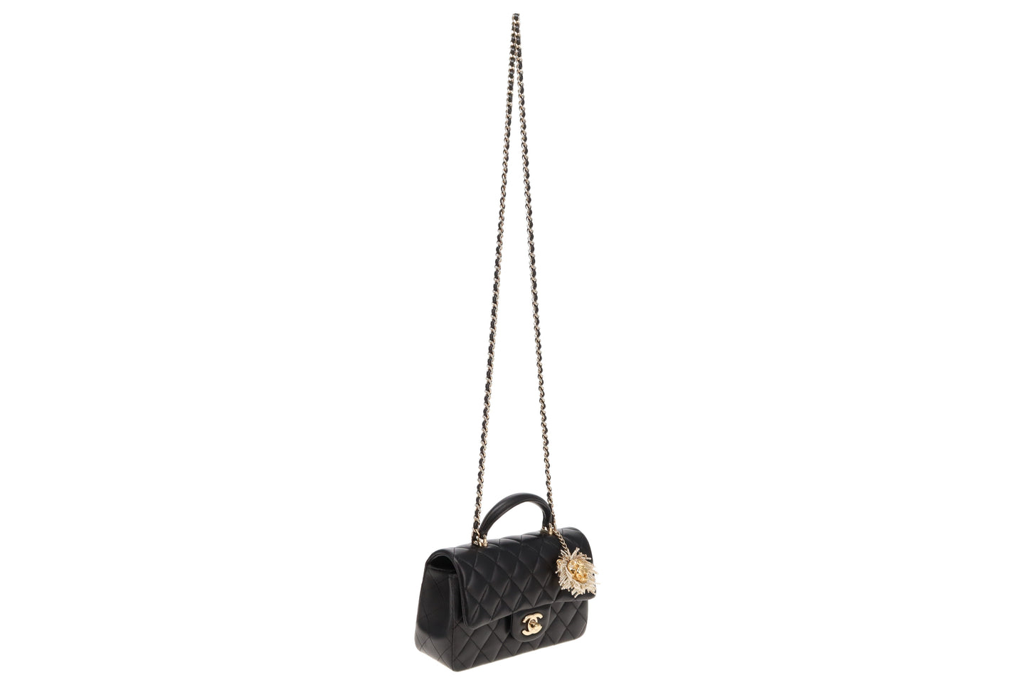 Chanel Top Handle Mini Black Lambskin With Lion Head Charm