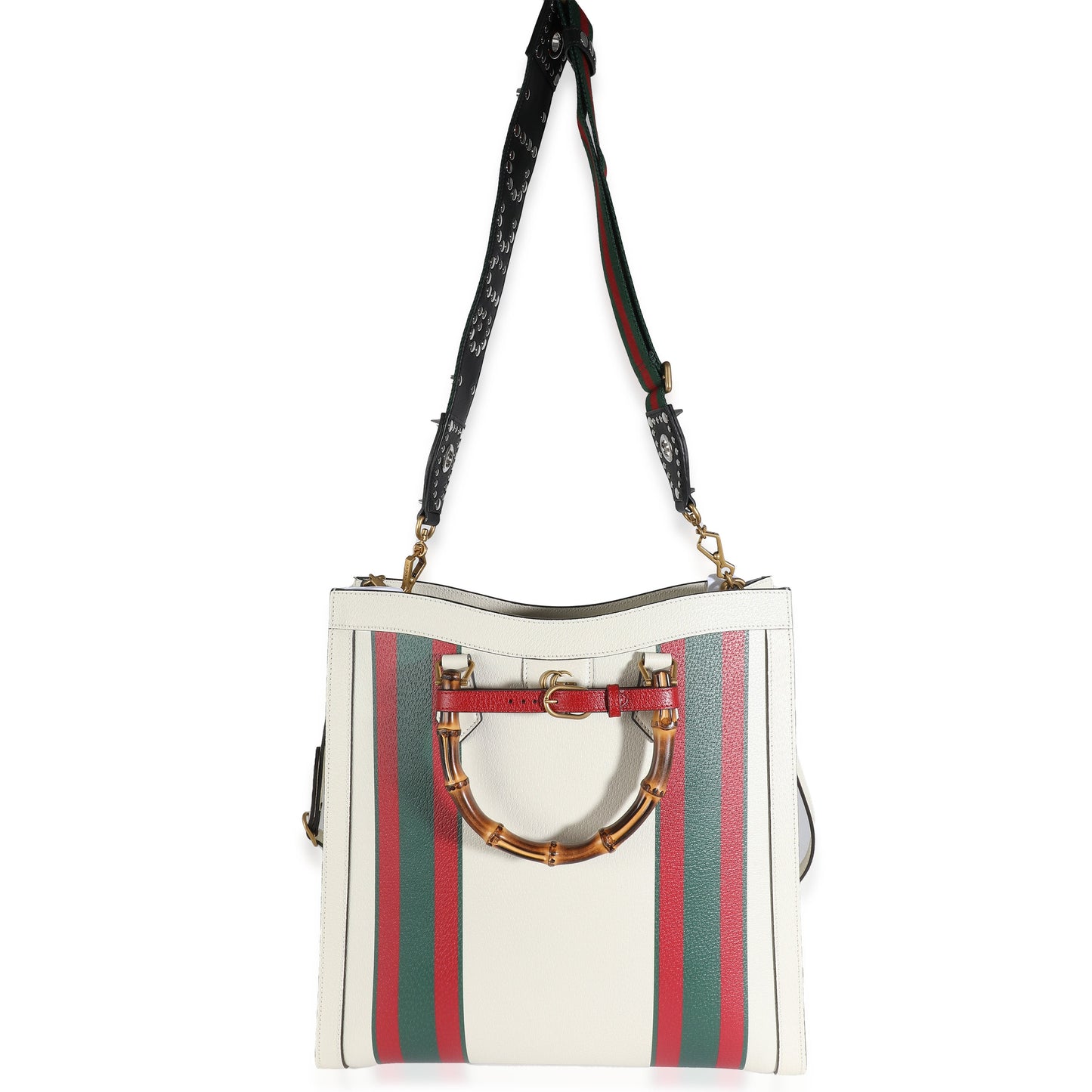 White Textured Dollar Calfskin Web Large Diana Tote