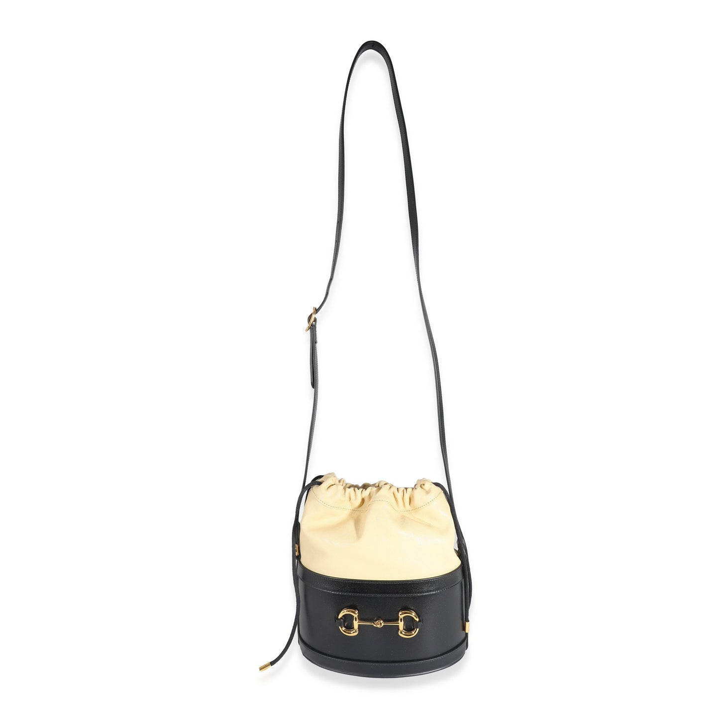 Black Beige Calfskin Horsebit 1955 Drawstring Bucket Bag