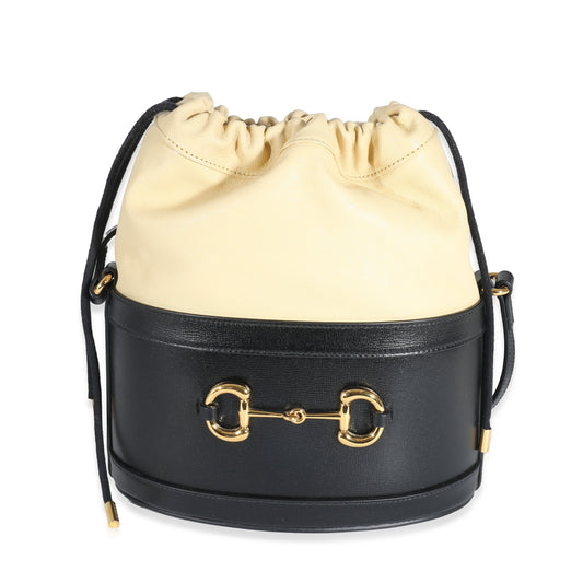 Black Beige Calfskin Horsebit 1955 Drawstring Bucket Bag