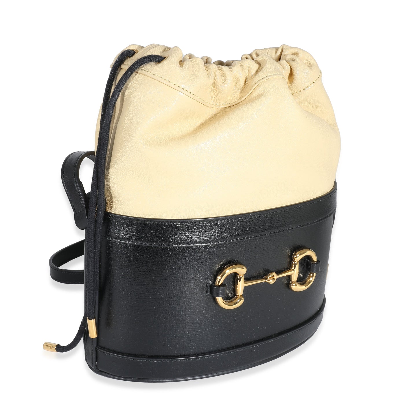 Black Beige Calfskin Horsebit 1955 Drawstring Bucket Bag