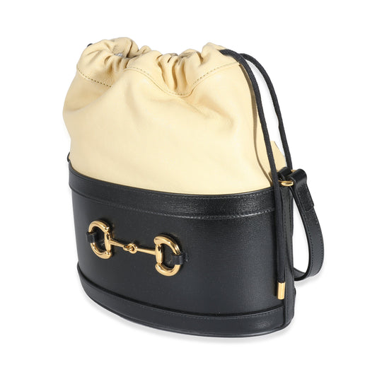 Black Beige Calfskin Horsebit 1955 Drawstring Bucket Bag