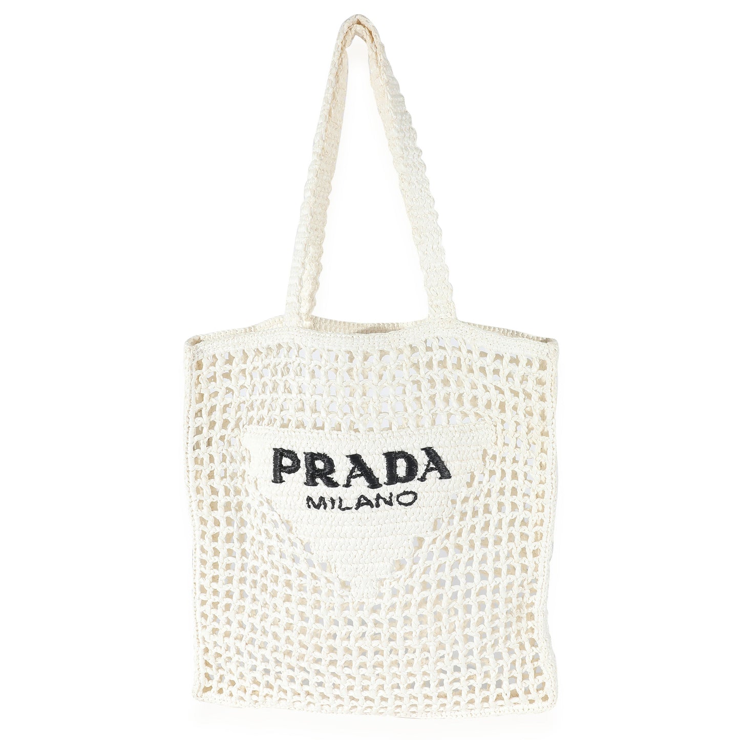 White Raffia Crochet Triangle Logo Tote