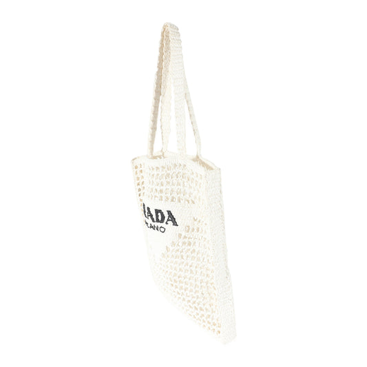 White Raffia Crochet Triangle Logo Tote