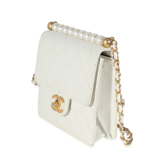 White Quilted Goatskin Vertical Chic Pearls Flap Bag